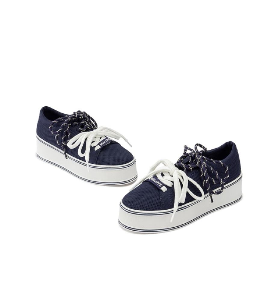 Platform sneakers with double laces - Navy blue