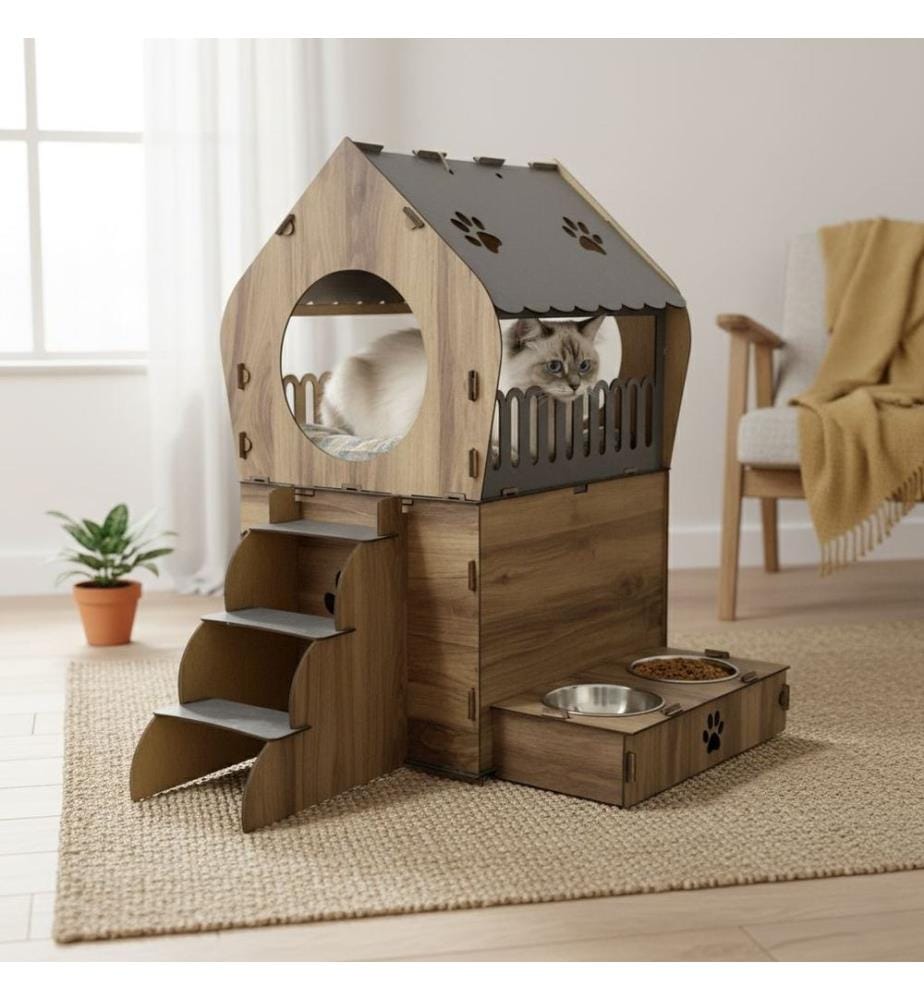 Katzenhaus – Anthrazit und Eiche