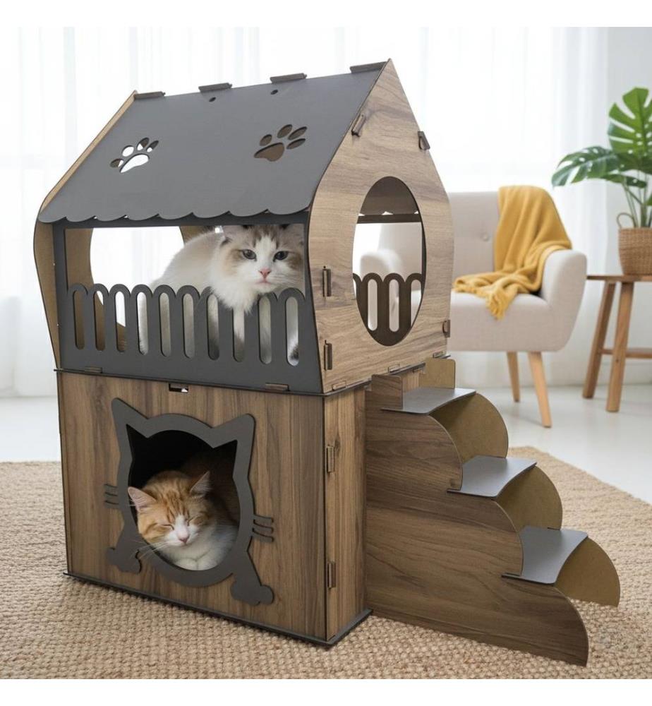 Katzenhaus – Anthrazit und helles Nussbaumholz