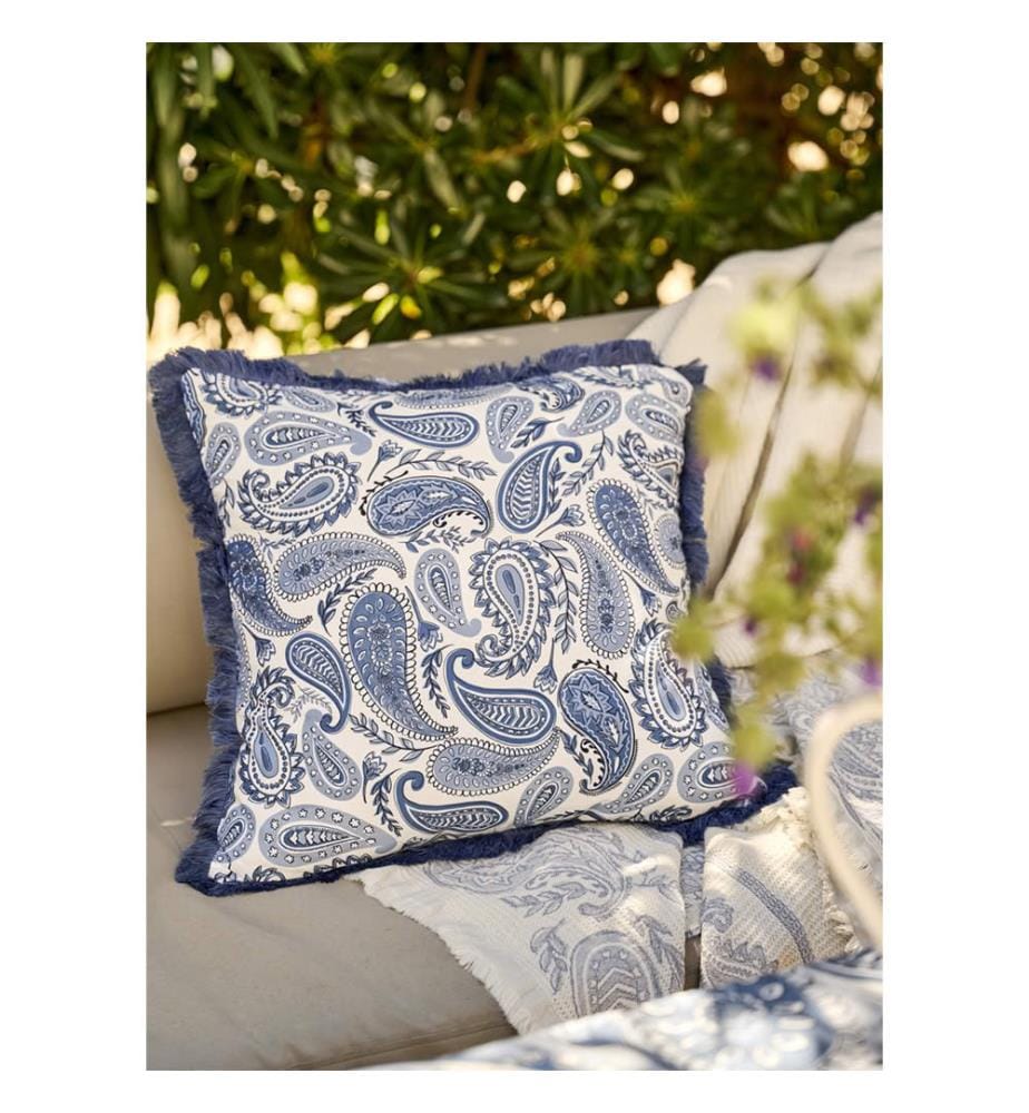 Housse de Coussin à Pompons Paisley - Bleu