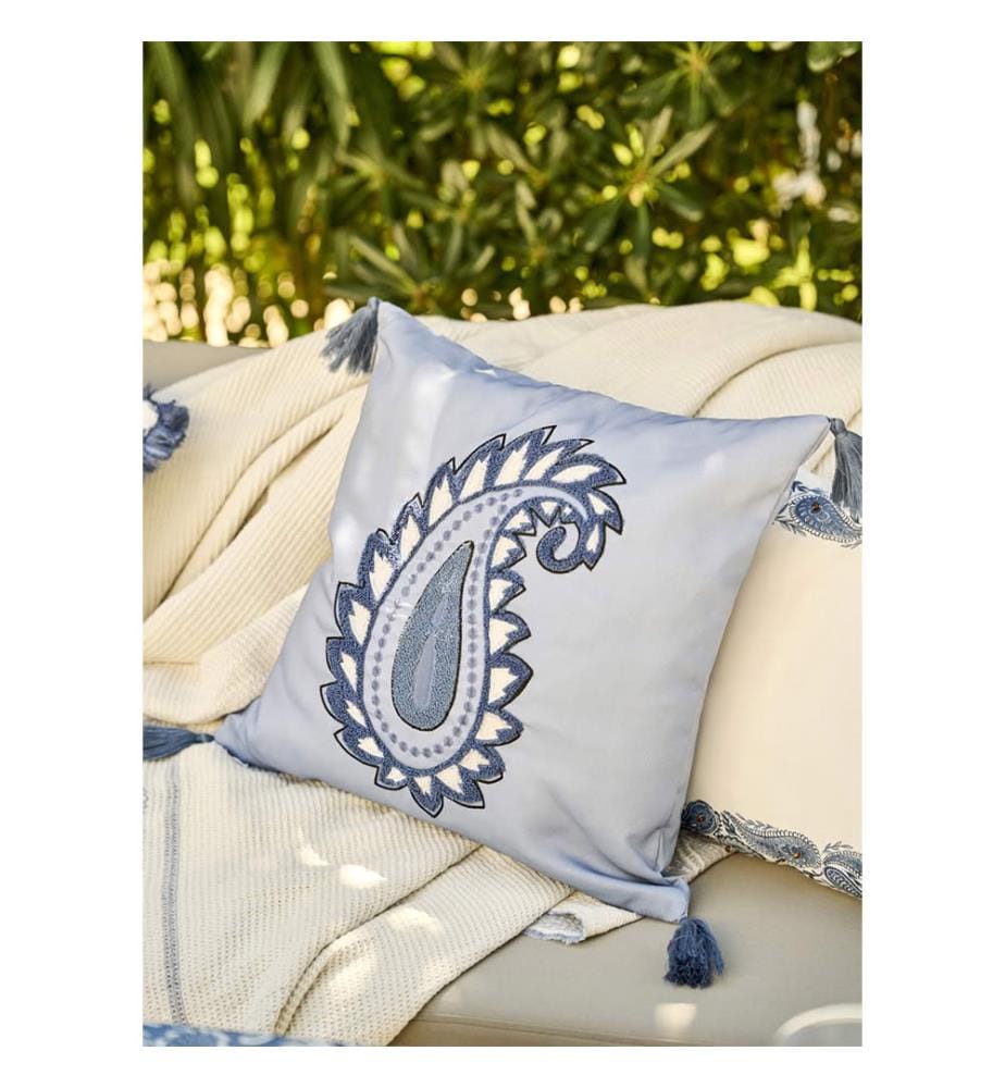 Housse de Coussin Brodée Paisley - Bleu