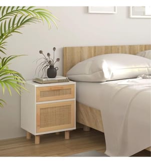 Nachttisch Weiss Massivholz Kiefer und Natur-Rattan