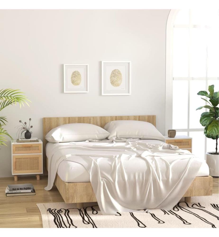 Tables de chevet 2pcs Blanc Bois de pin massif et rotin naturel