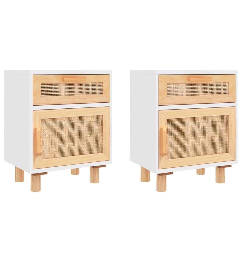 Tables de chevet 2pcs Blanc Bois de pin massif et rotin naturel