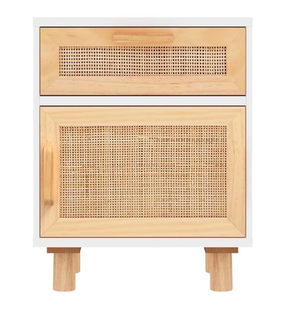 Tables de chevet 2pcs Blanc Bois de pin massif et rotin naturel