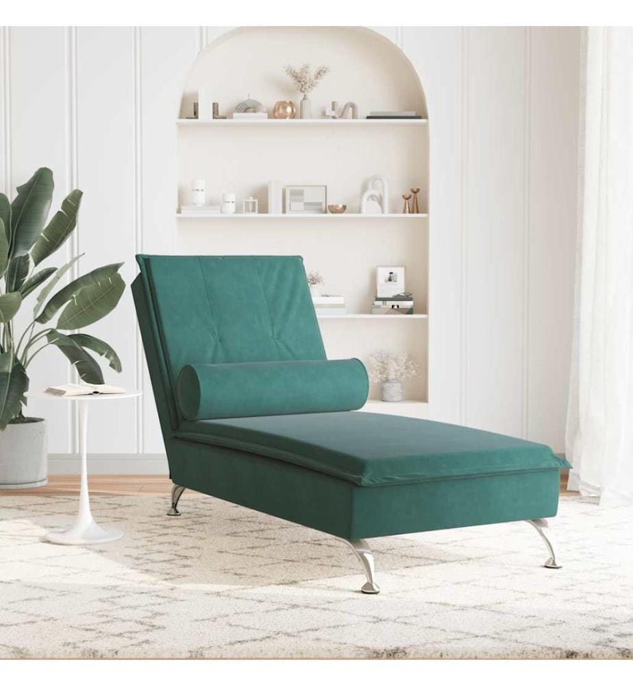 Massage-Chaiselongue mit Nackenrolle Dunkelgrün Samt