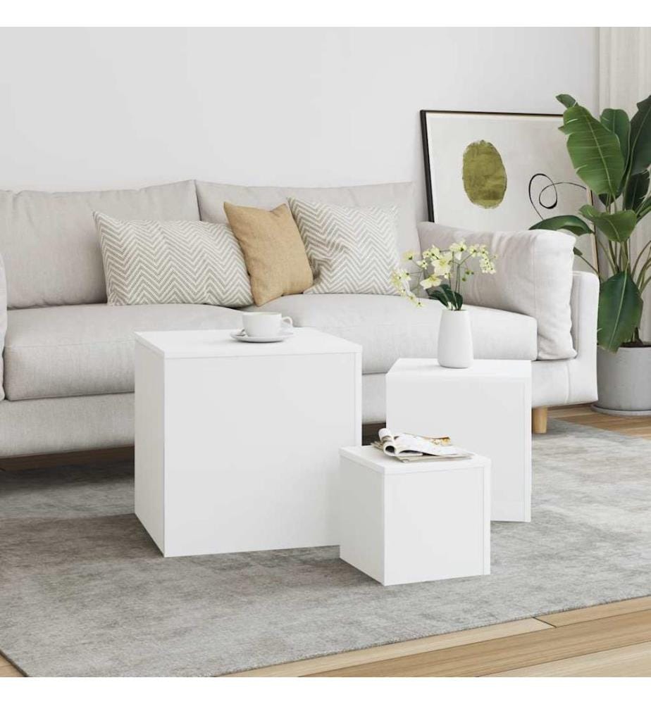 Tables d'appoint 3 pièces en bois d'ingénierie blanc