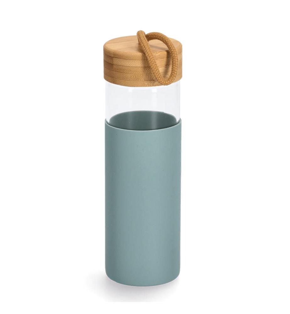Trinkflasche mit Bambusdeckel u. Silikonhülle - Salbei