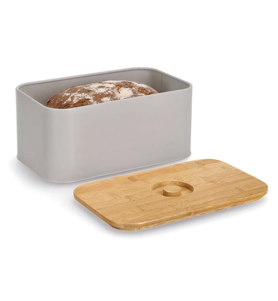 Brotkasten mit Bambusdeckel, Metall - Beige