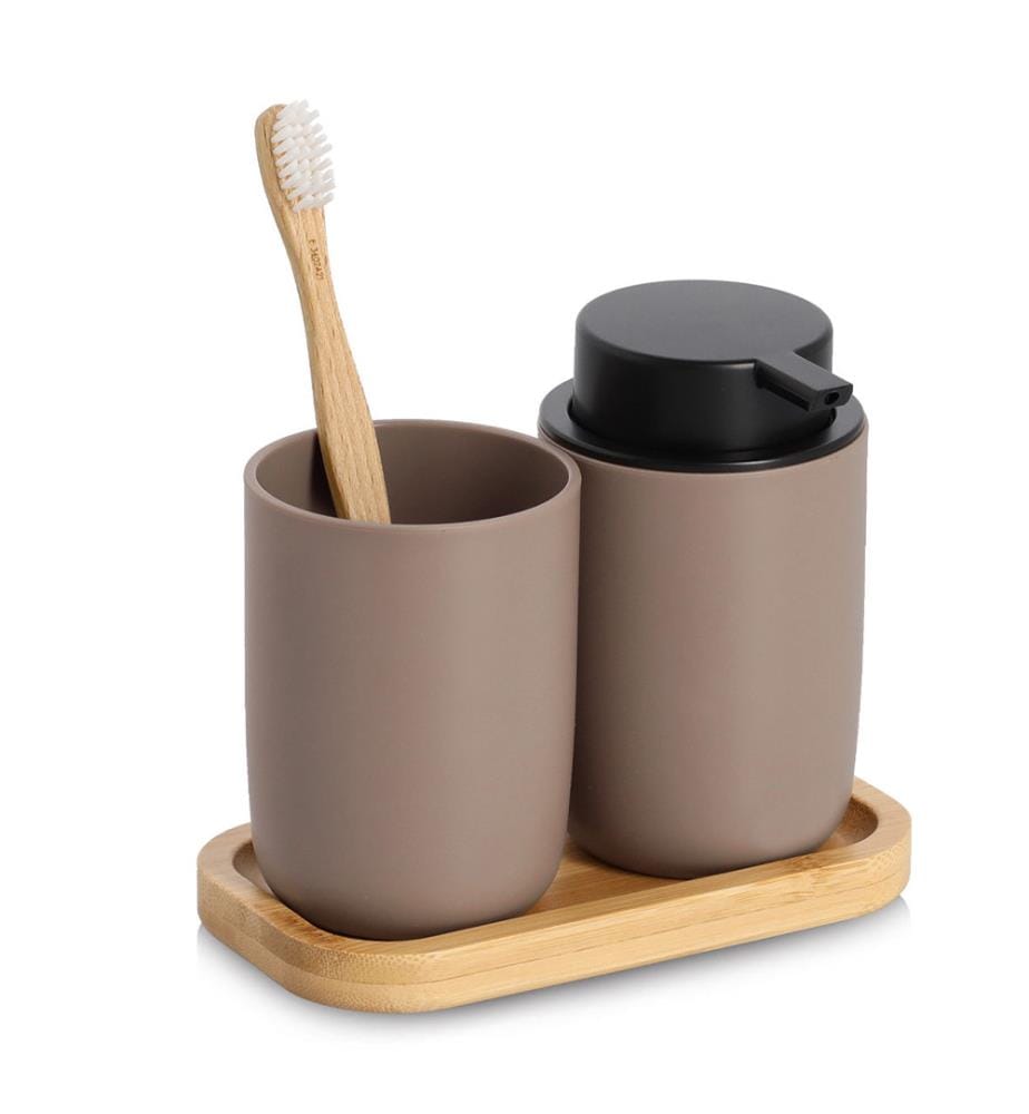 Bad-Accessoires-Set, 3-tlg., Kunststoff/Bambus,