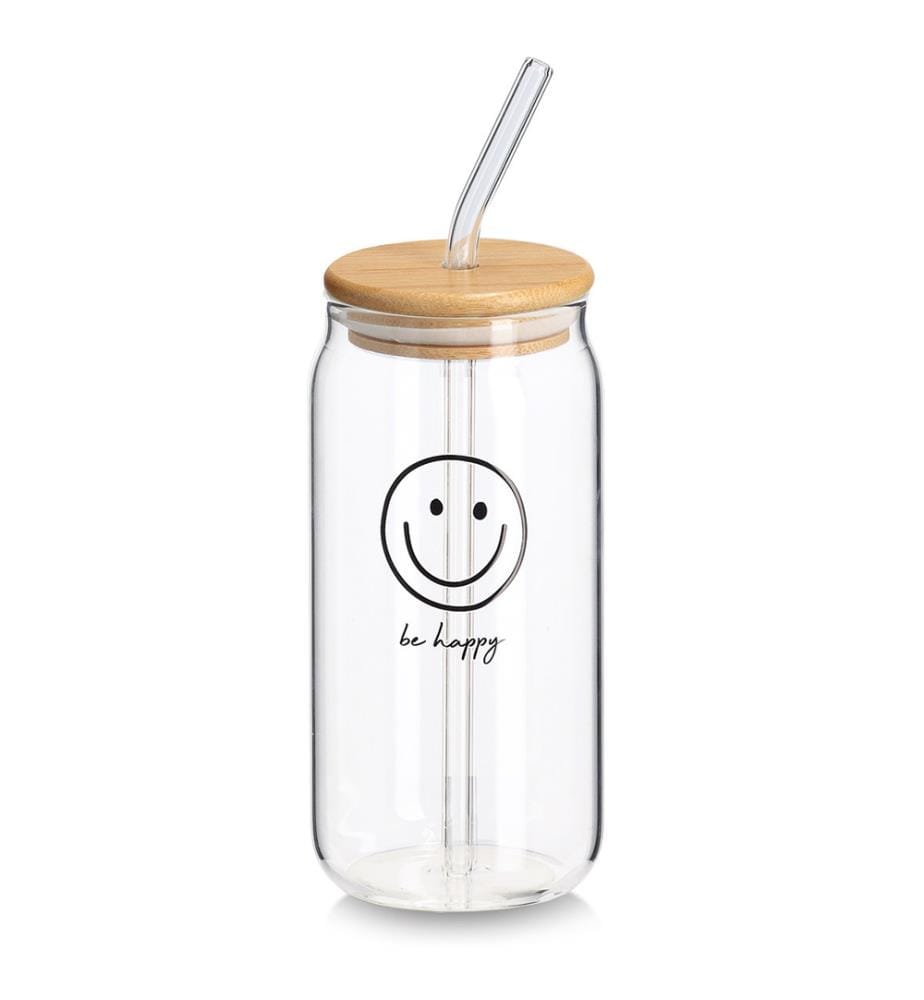 Trinkglas "Happy" m. Bambusdeckel u. Glastrinkhalm