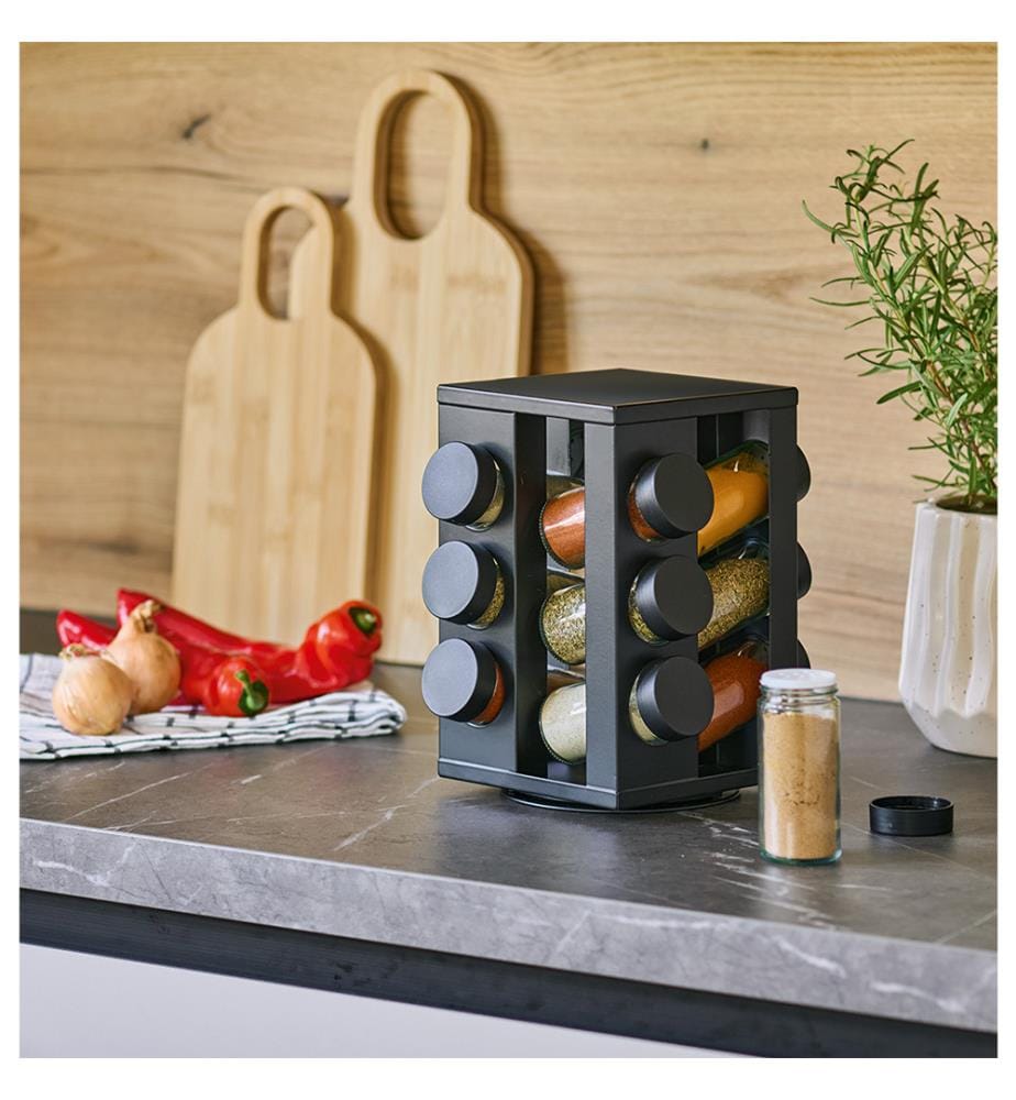 Gewürzrondell mit 12 Gläsern, Metall/Glas, schwarz