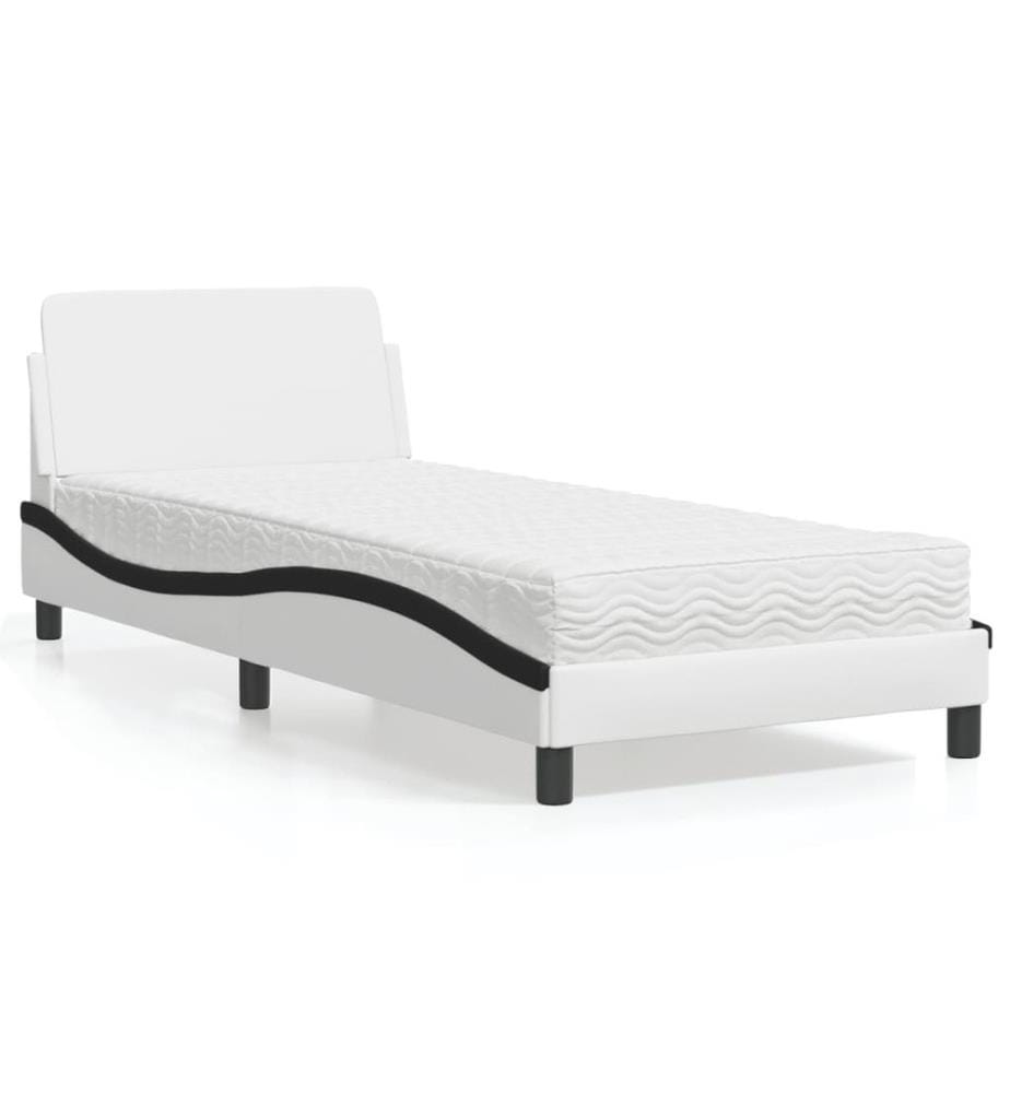 Bett mit Matratze Weiss und Schwarz 90x200 cm Kunstleder