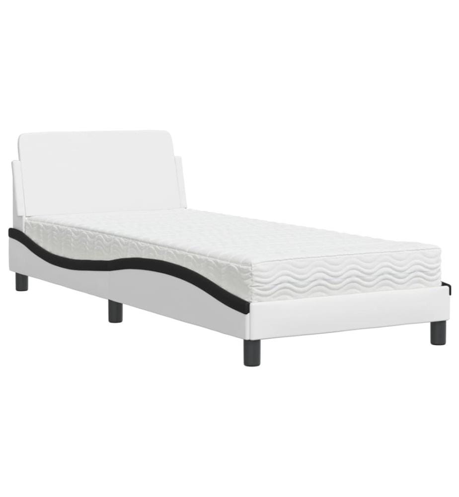 Bett mit Matratze Weiss und Schwarz 90x200 cm Kunstleder