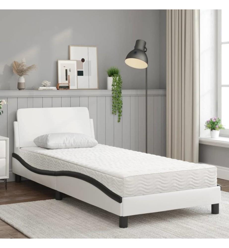 Bett mit Matratze Weiss und Schwarz 90x200 cm Kunstleder