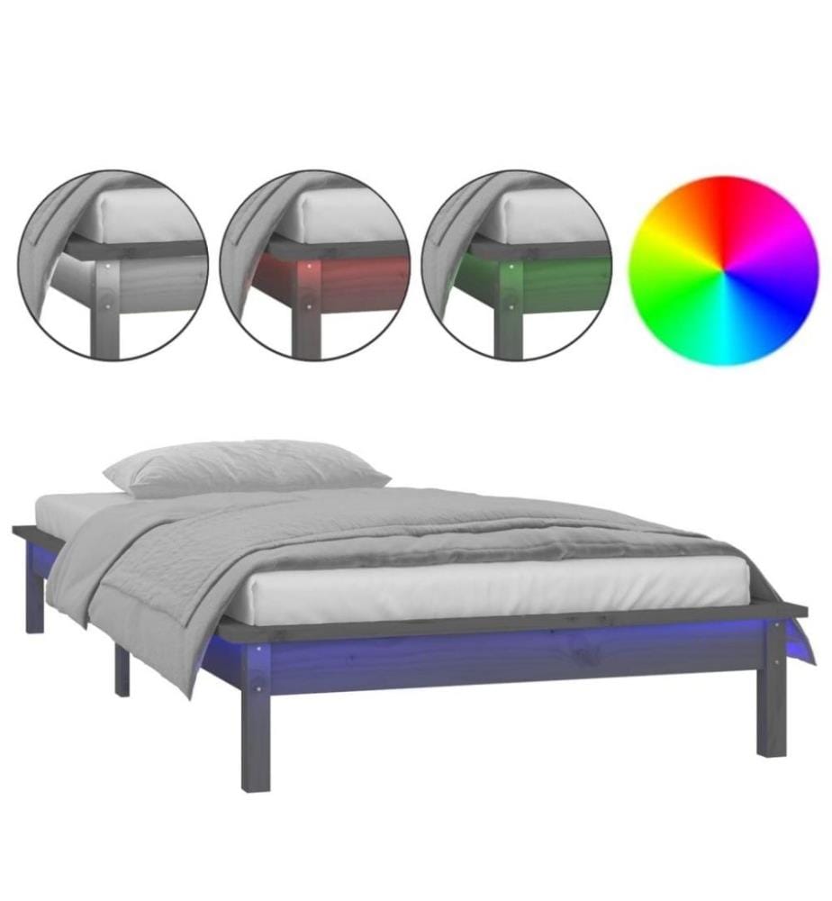 Massivholzbett mit LEDs Grau 90x200 cm