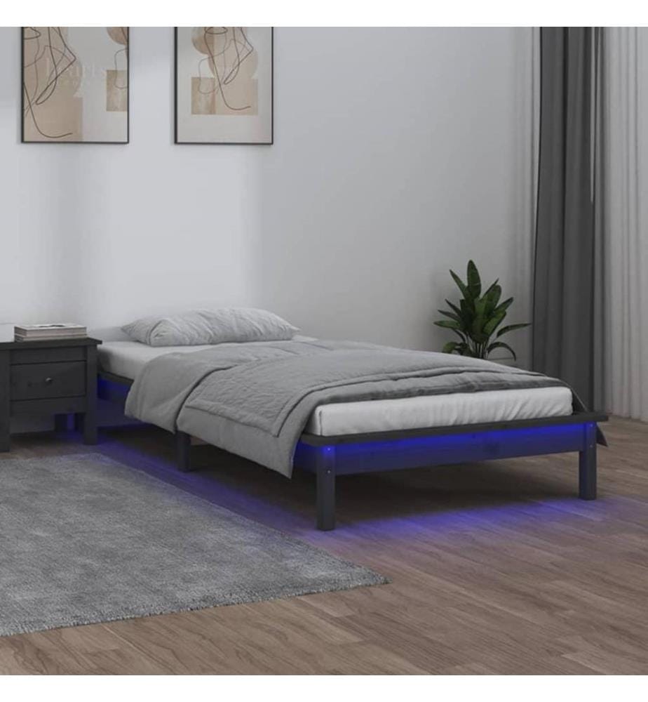 Massivholzbett mit LEDs Grau 100x200 cm