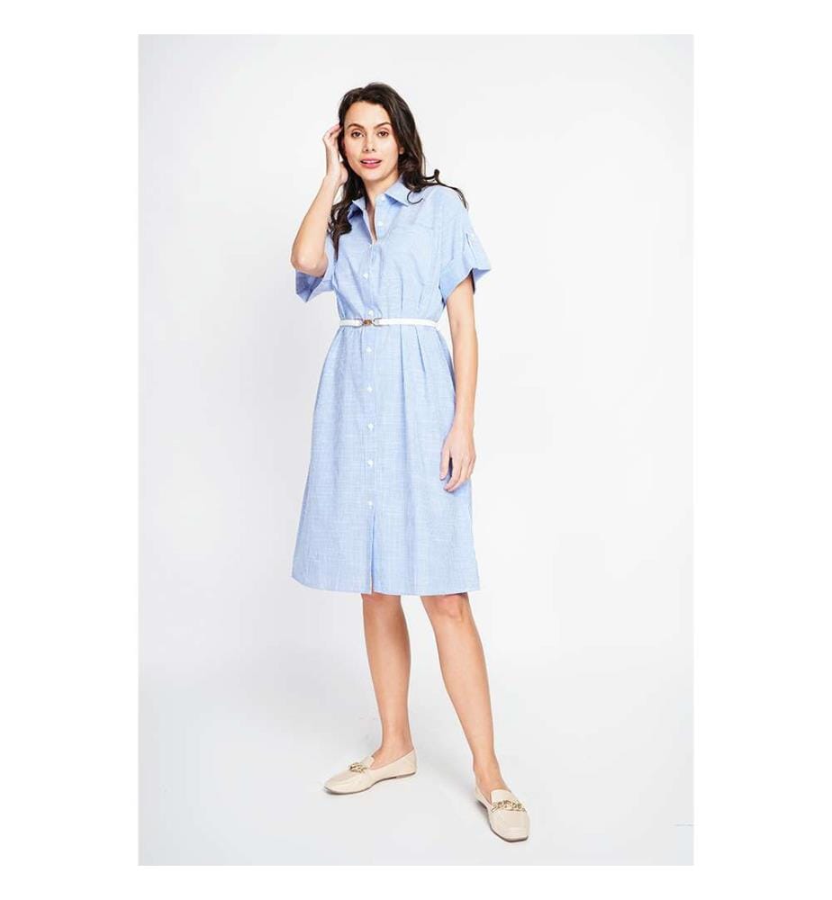 Abito camicia lungo a righe con maniche corte - Blu Azzurro