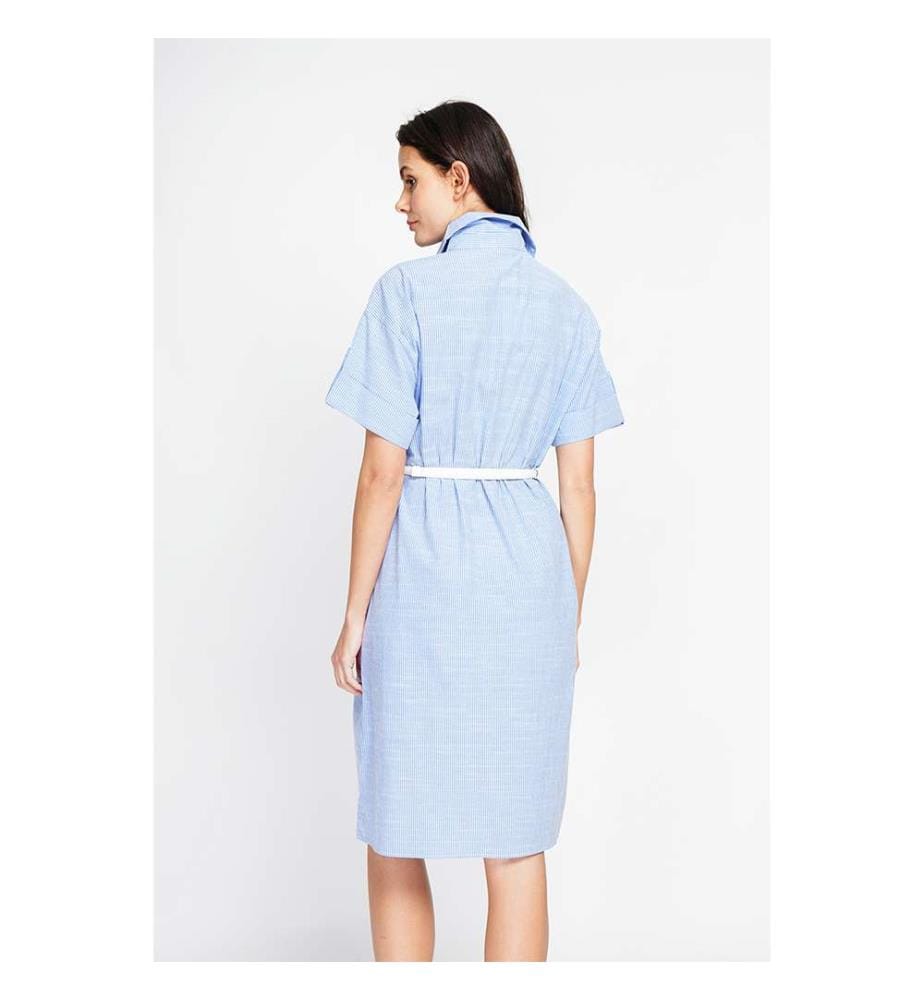 Abito camicia lungo a righe con maniche corte - Blu Azzurro