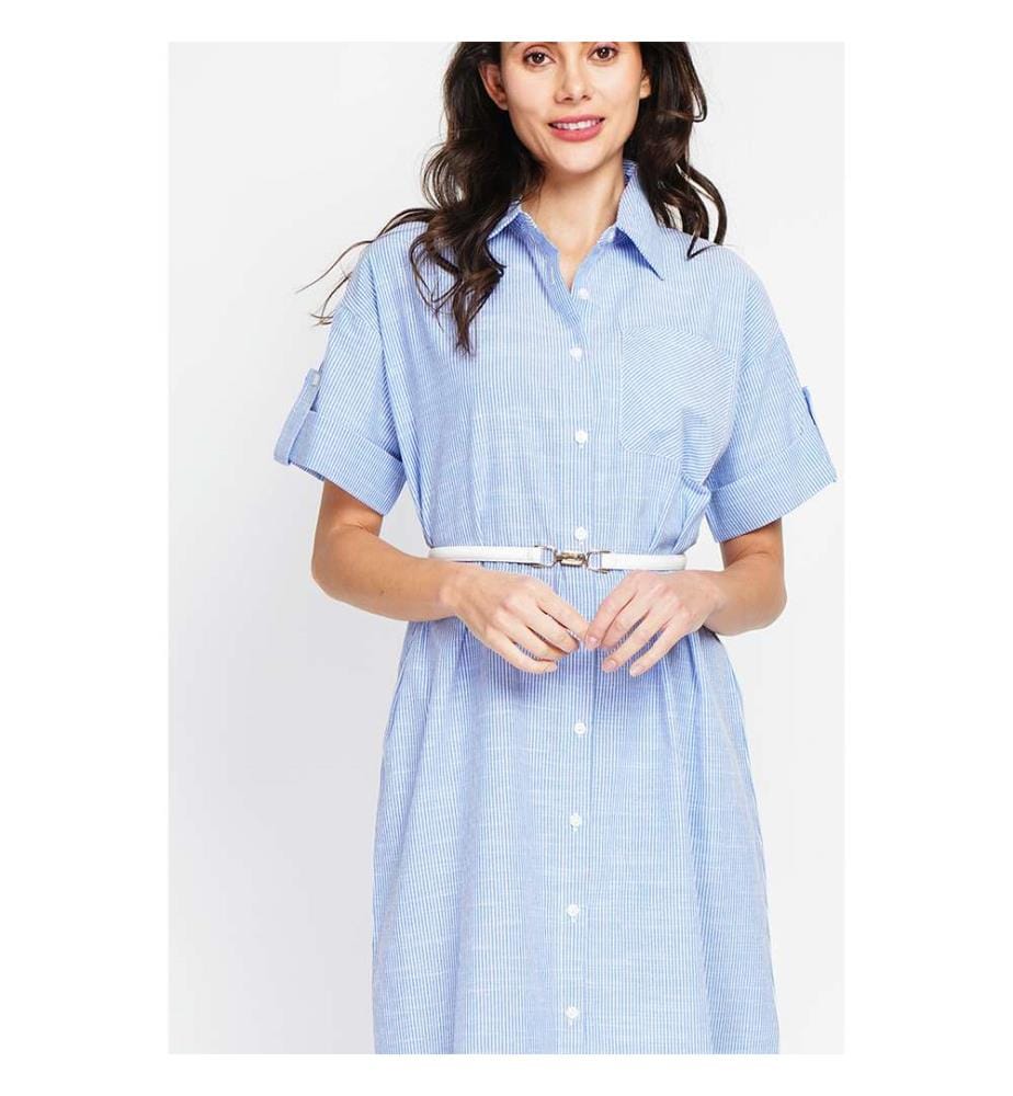 Abito camicia lungo a righe con maniche corte - Blu Azzurro