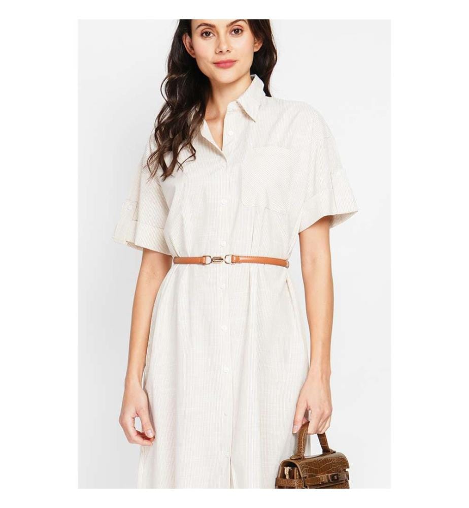 Robe chemise longue rayée à manches courtes et boutonnée - Lin