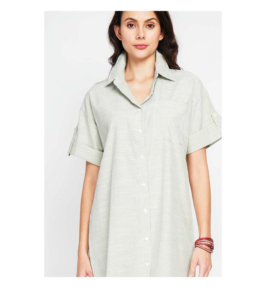 Robe chemise longue rayée à manches courtes et boutonnée - Vert amande