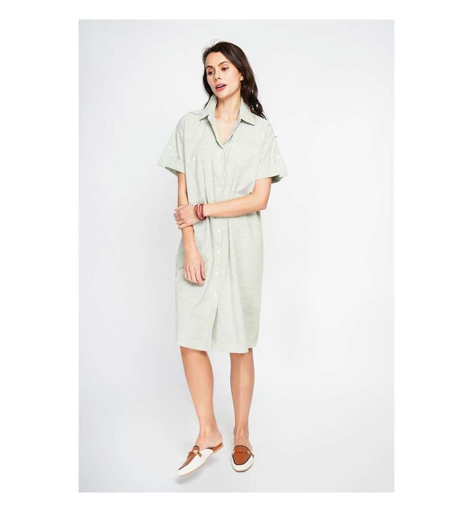Robe chemise longue rayée à manches courtes et boutonnée - Vert amande