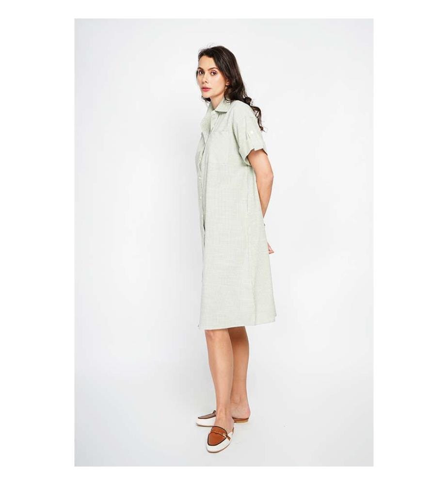 Robe chemise longue rayée à manches courtes et boutonnée - Vert amande