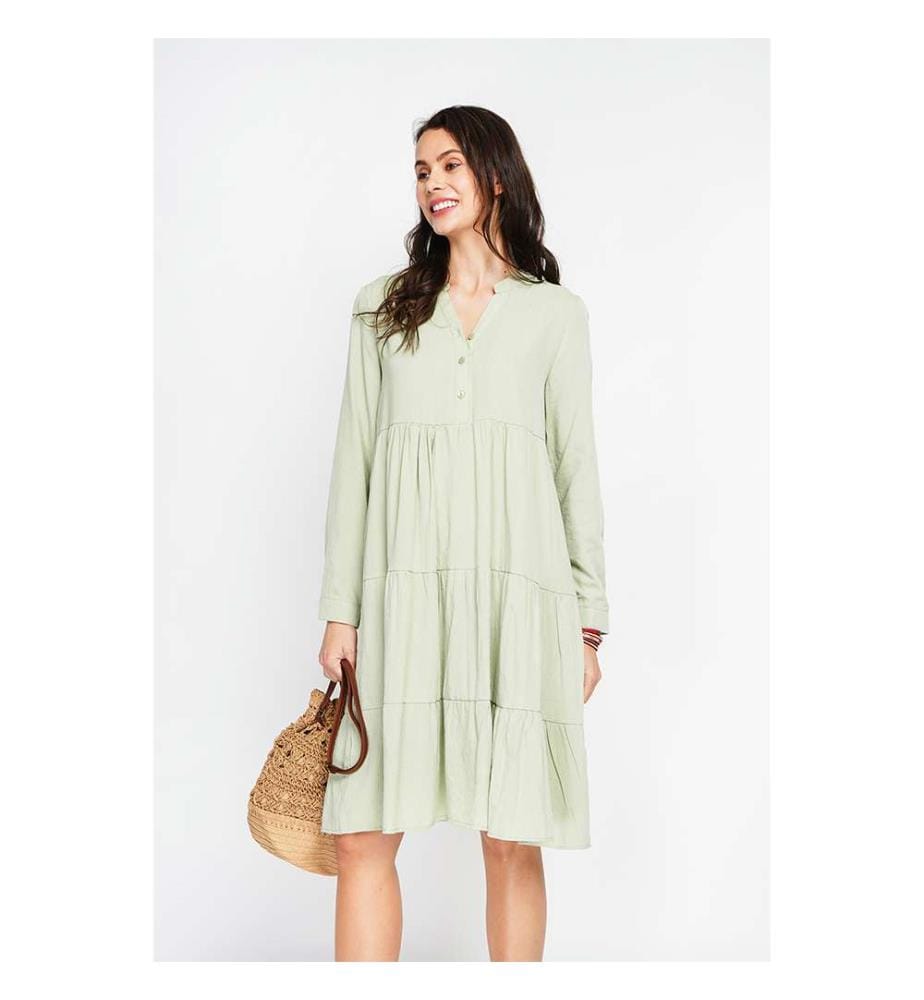 Robe évasée à col tunisien avec plis sur le devant et manches longues - Vert Jade