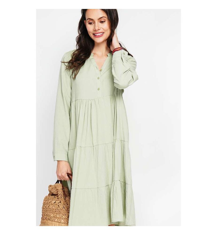 Robe évasée à col tunisien avec plis sur le devant et manches longues - Vert Jade
