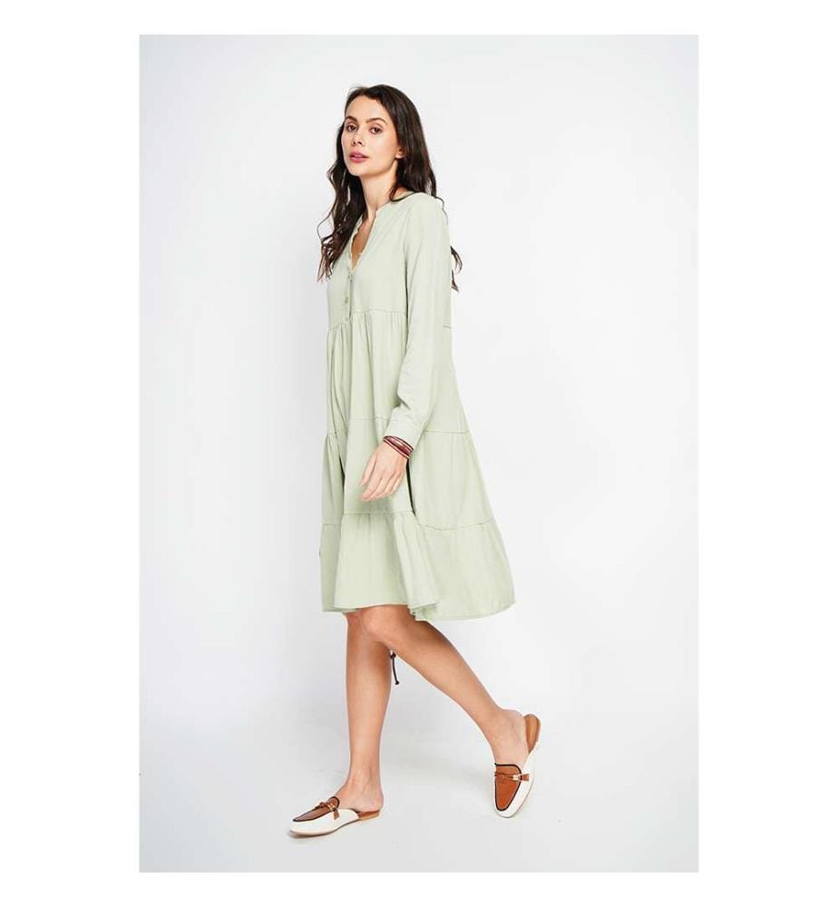 Robe évasée à col tunisien avec plis sur le devant et manches longues - Vert Jade