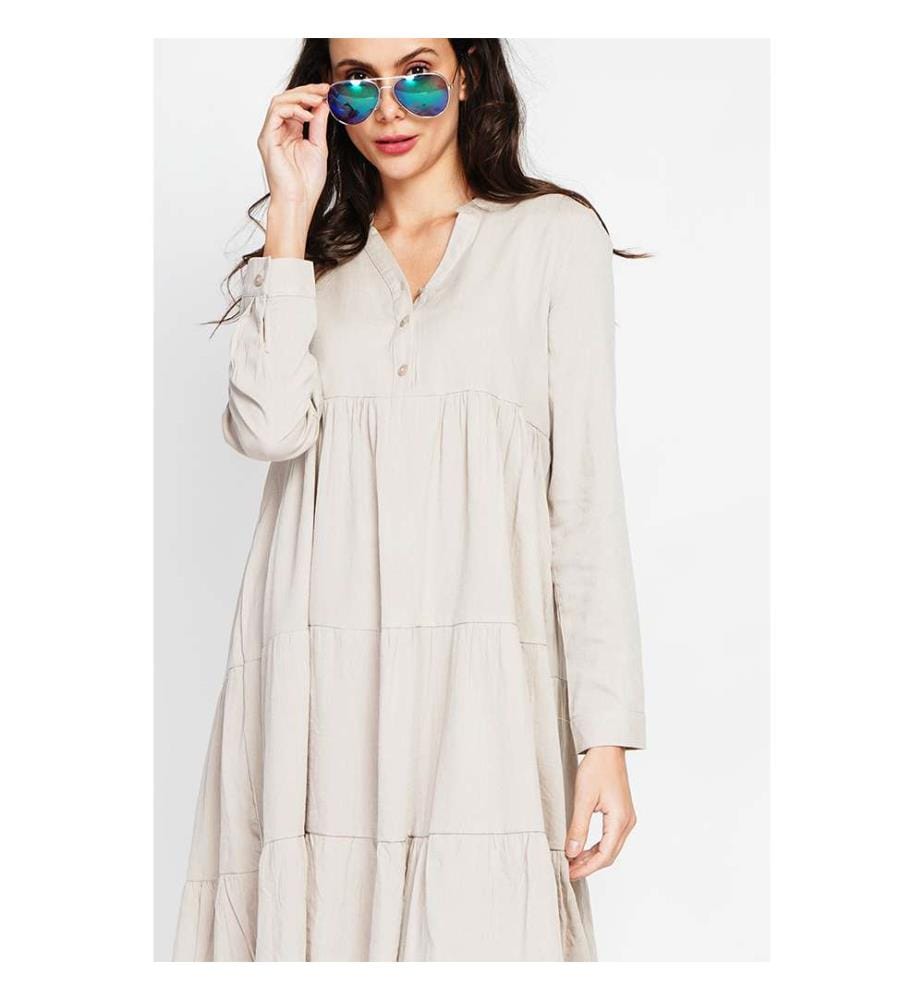 Robe évasée à col tunisien avec plis sur le devant et manches longues - Lin