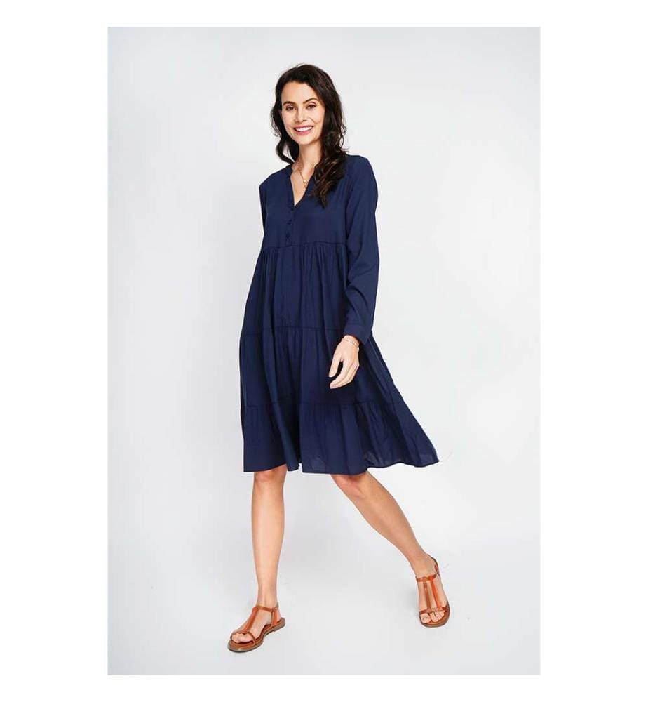 Ausgestelltes Kleid mit tunesischem Kragen, Plisseefalten vorne und langen Ärmeln - Marineblau
