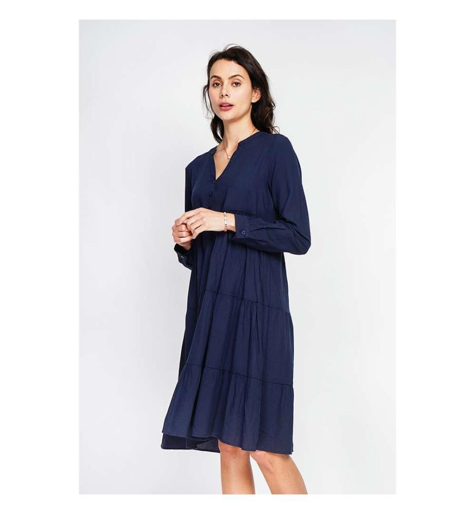 Ausgestelltes Kleid mit tunesischem Kragen, Plisseefalten vorne und langen Ärmeln - Marineblau