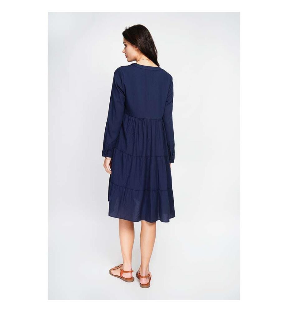 Ausgestelltes Kleid mit tunesischem Kragen, Plisseefalten vorne und langen Ärmeln - Marineblau