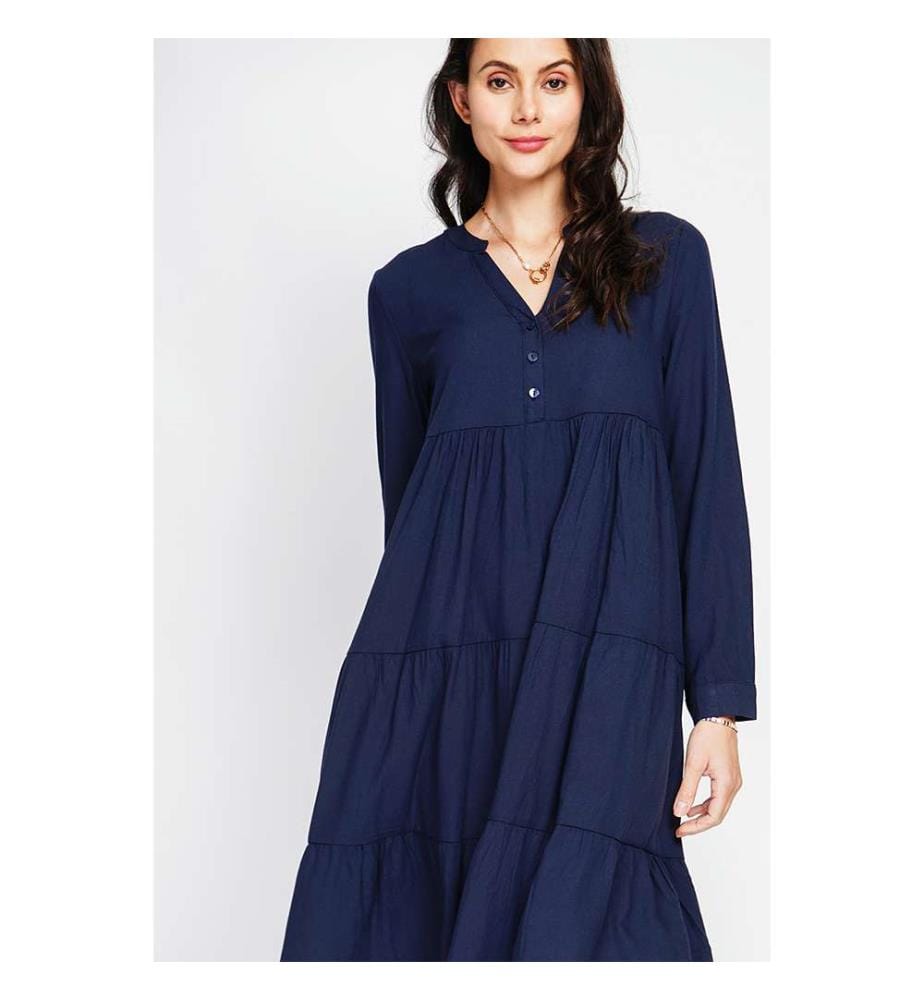 Ausgestelltes Kleid mit tunesischem Kragen, Plisseefalten vorne und langen Ärmeln - Marineblau