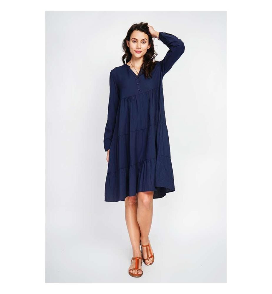Ausgestelltes Kleid mit tunesischem Kragen, Plisseefalten vorne und langen Ärmeln - Marineblau