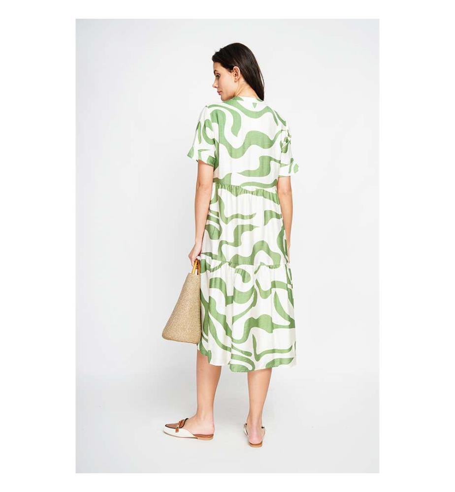 Robe Midi Col Tunisien Boutonné Devant À Manches Courte - Blanc/Menthe