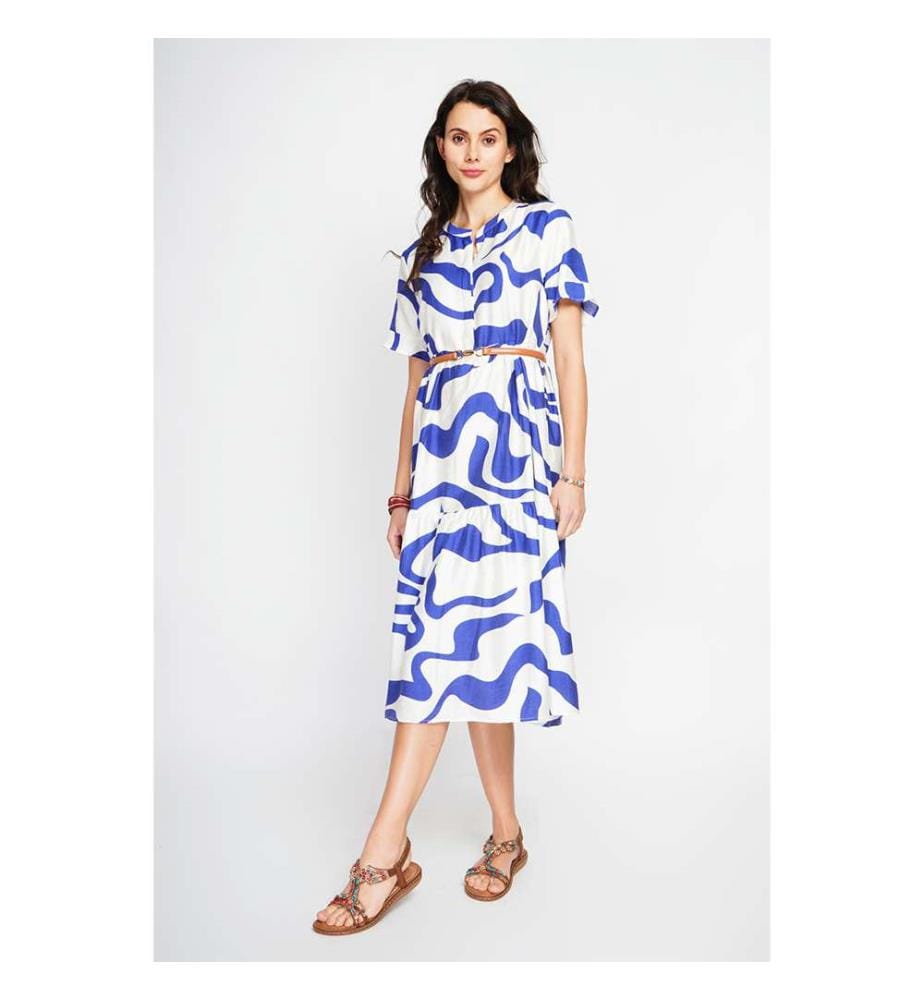Robe Midi Col Tunisien Boutonné Devant À Manches Courte - Blanc/Royal