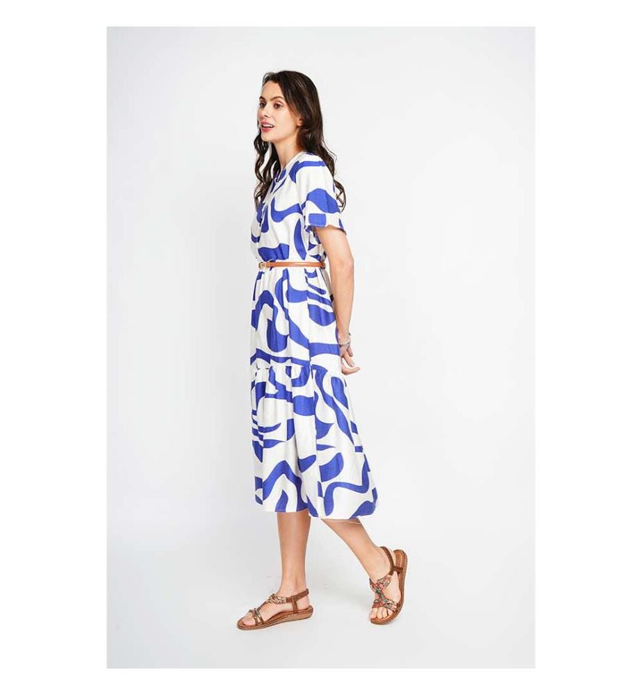 Robe Midi Col Tunisien Boutonné Devant À Manches Courte - Blanc/Royal
