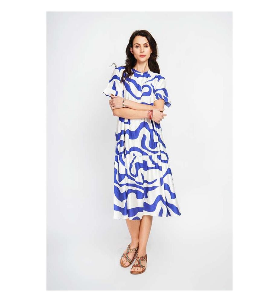 Robe Midi Col Tunisien Boutonné Devant À Manches Courte - Blanc/Royal
