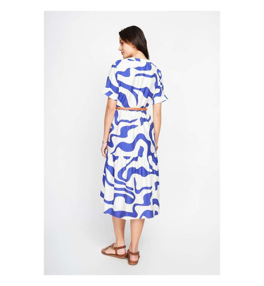 Robe Midi Col Tunisien Boutonné Devant À Manches Courte - Blanc/Royal