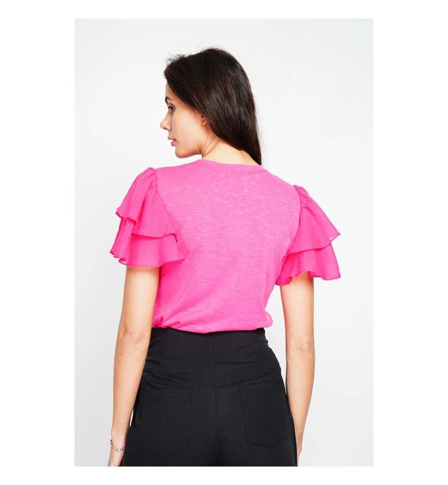 Top mit Rundhalsausschnitt und Rüschen an den Ärmeln - Fushia