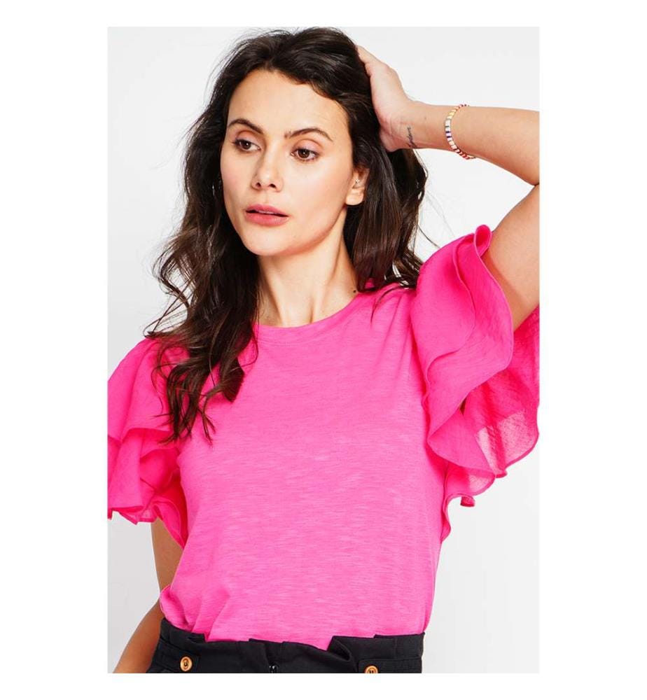 Top mit Rundhalsausschnitt und Rüschen an den Ärmeln - Fushia