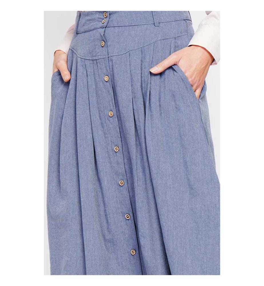 Gonna lunga svasata con bottoni e tasche laterali - Jeans blu