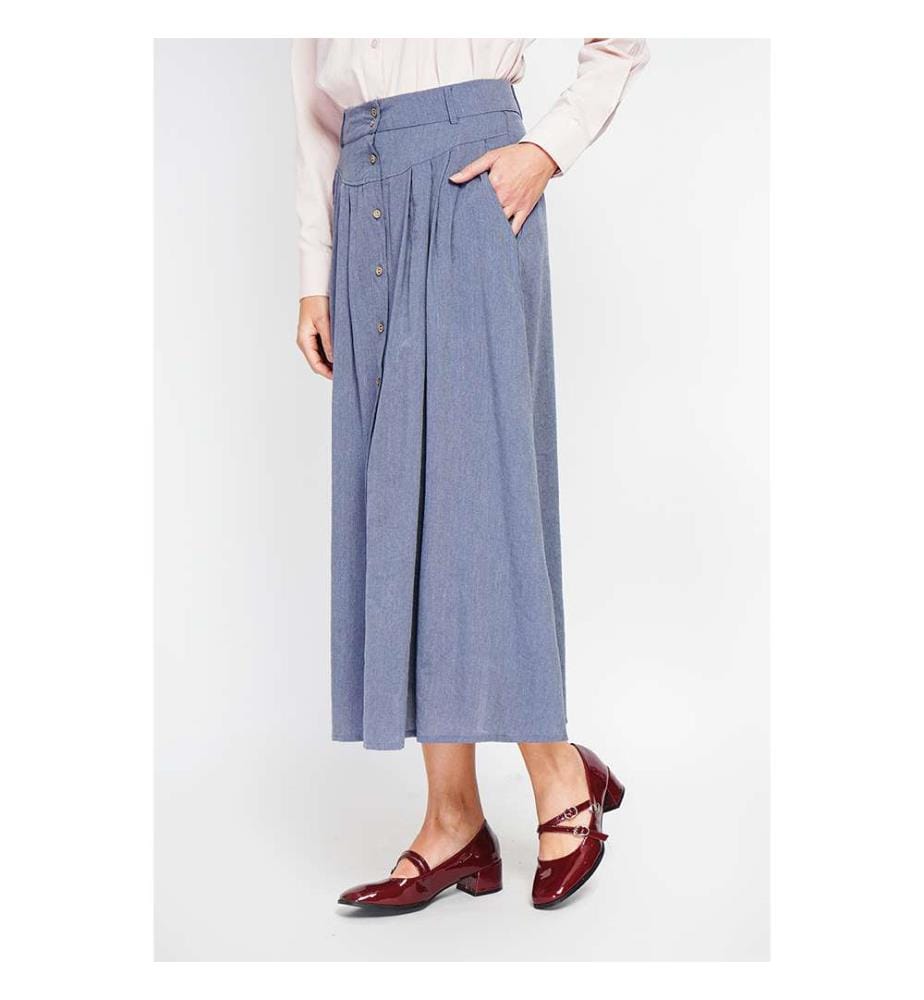 Gonna lunga svasata con bottoni e tasche laterali - Jeans blu