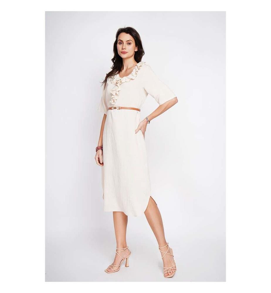 Robe Longue Col V À Volant Devant En Manches 3/4  - Lin