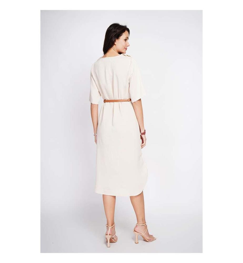 Robe Longue Col V À Volant Devant En Manches 3/4  - Lin