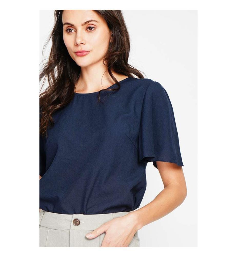 Top girocollo a manica corta con bottoni sul retro - Navy