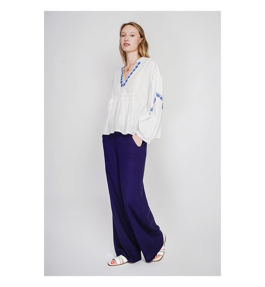 Blouse col tunisien en brodé à manches longues - Blanc